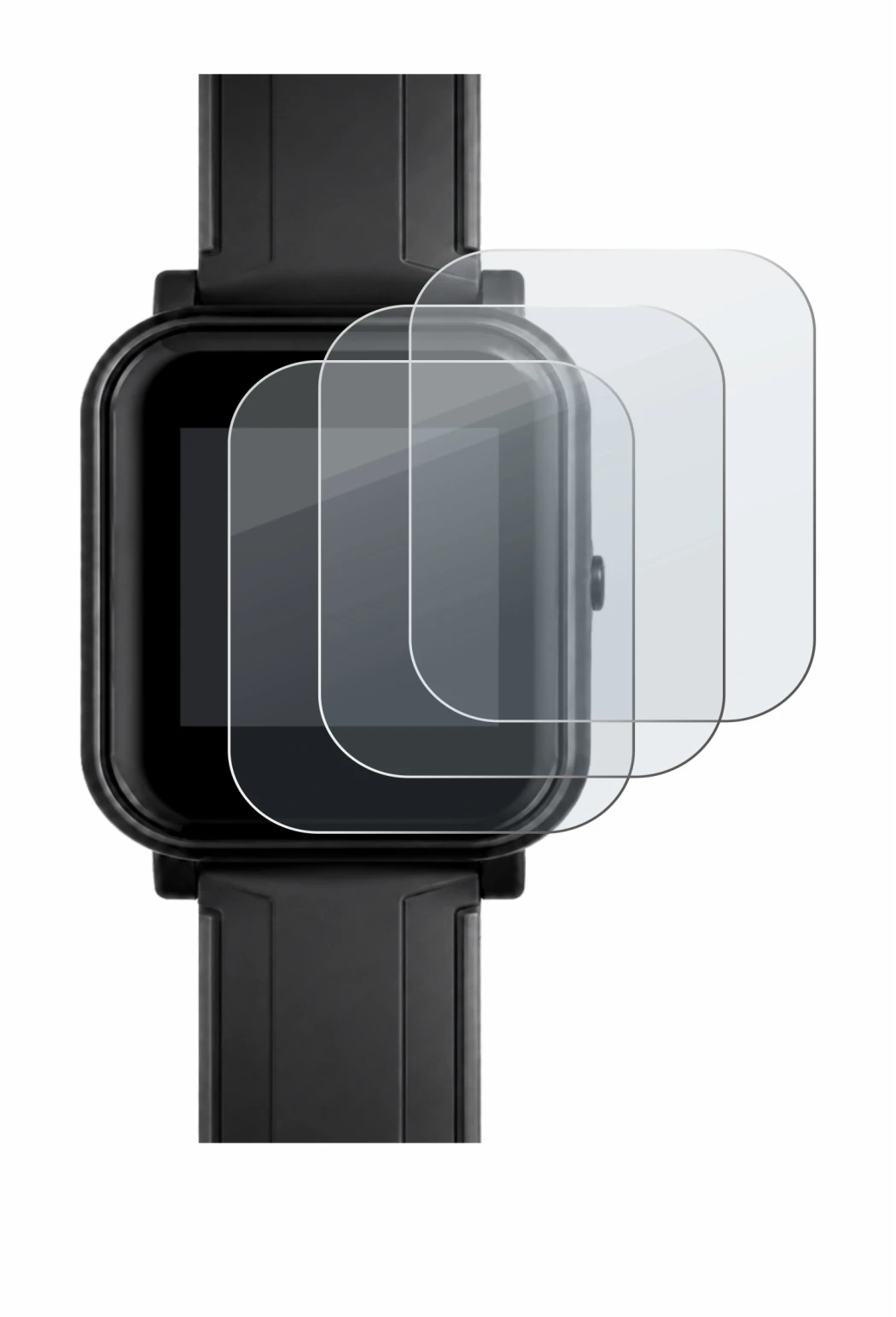 Image of the device Bangle.js 2 with a wide variety of screen protectors.