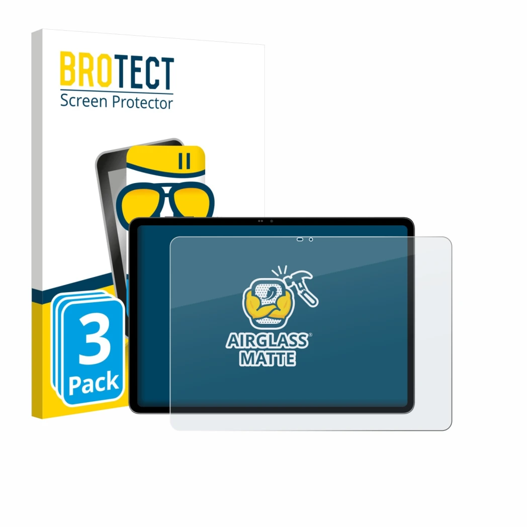 Front side of a product packaging with the brand logo BROTECT. Next to it is the device Blackview MEGA 12 shown with the corre