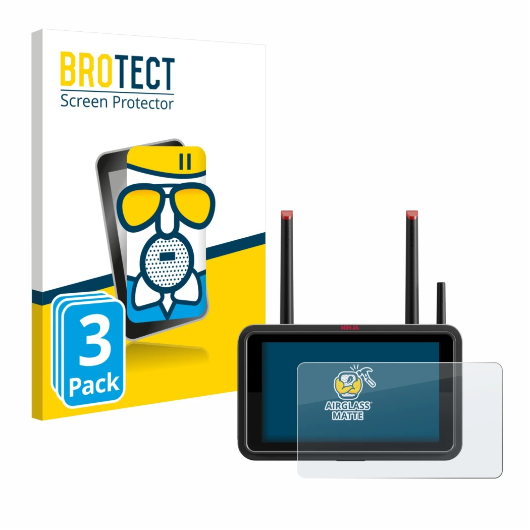 Front side of a product packaging with the brand logo BROTECT. Next to it is the device Atomos Ninja TX shown with the corresp