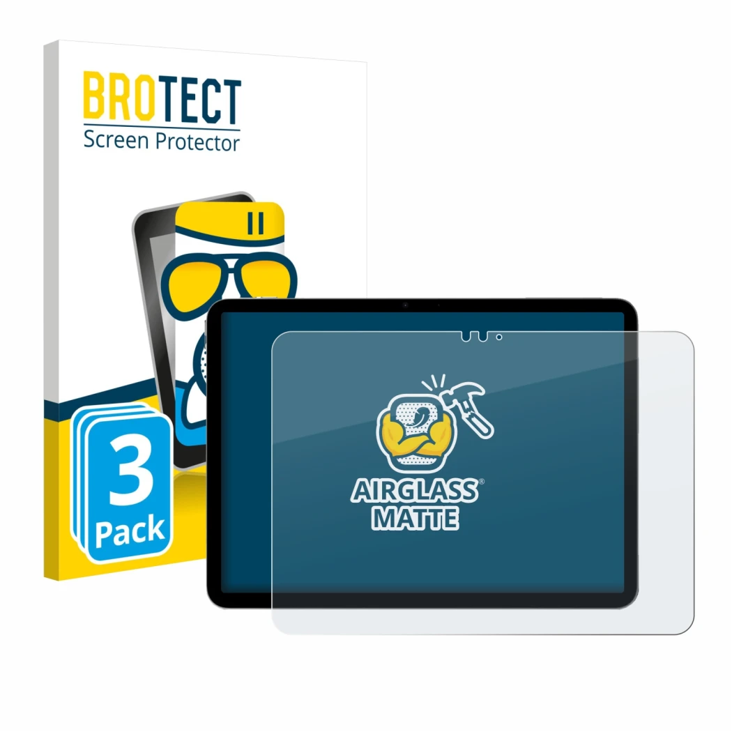 Front side of a product packaging with the brand logo BROTECT. Next to it is the device Apple iPad Air 11