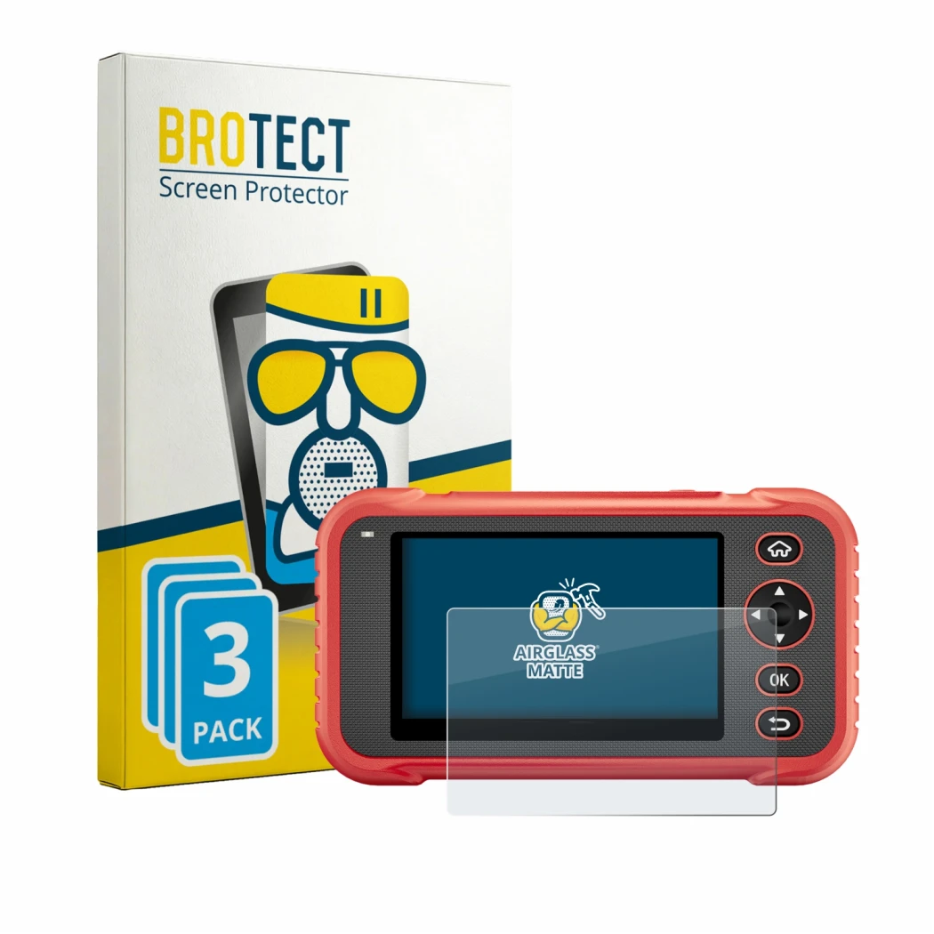 Front side of a product packaging with the brand logo BROTECT. Next to it is the device Launch CRP129E Plus shown with the cor