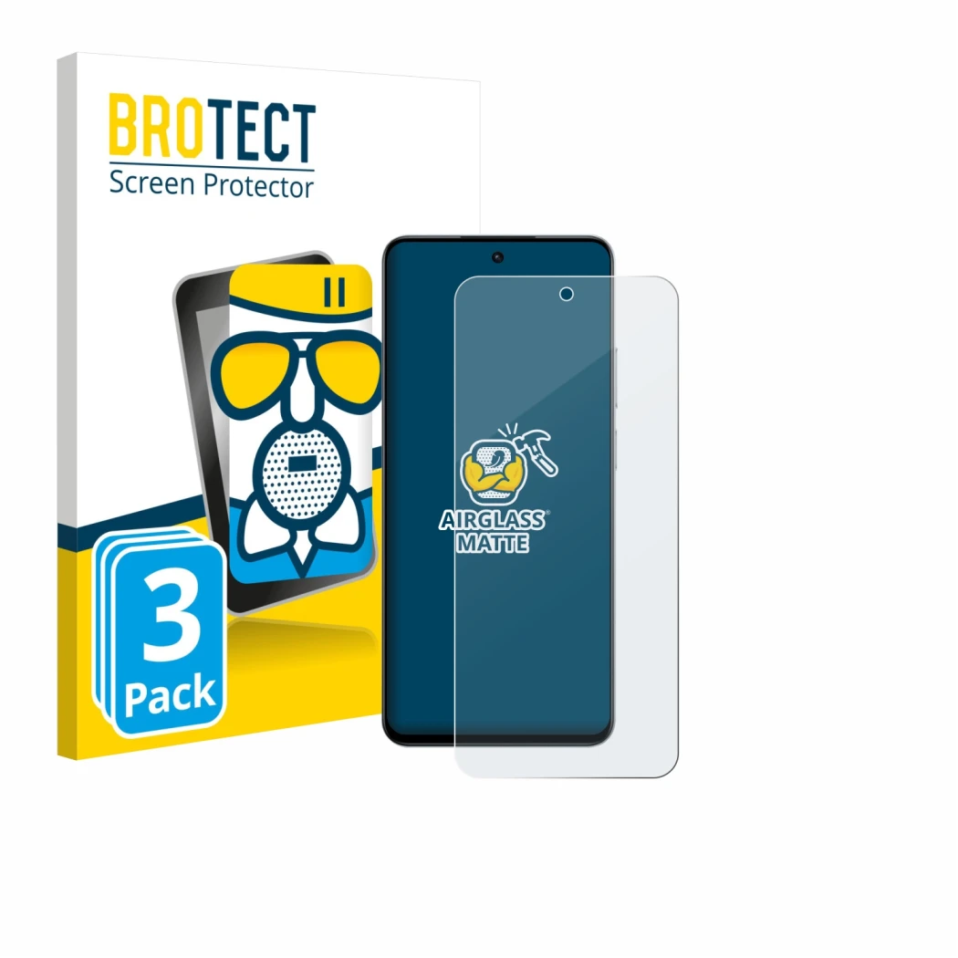Front side of a product packaging with the brand logo BROTECT. Next to it is the device realme P3x shown with the correspondin