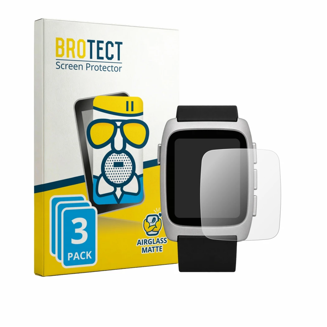 Front side of a product packaging with the brand logo BROTECT. Next to it is the device Pebble Time 2 2026 shown with the corr