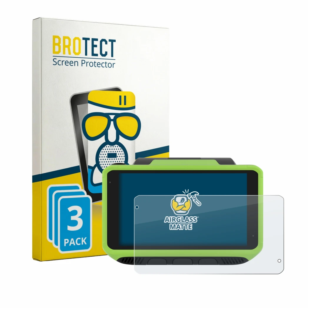 Front side of a product packaging with the brand logo BROTECT. Next to it is the device Zebra WT6400 shown with the correspond