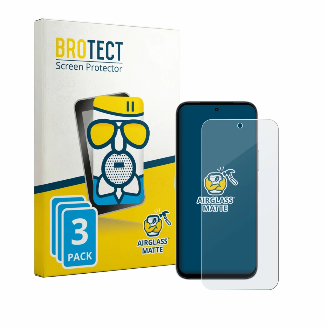 Front side of a product packaging with the brand logo BROTECT. Next to it is the device Honor Play 80 Plus shown with the corr
