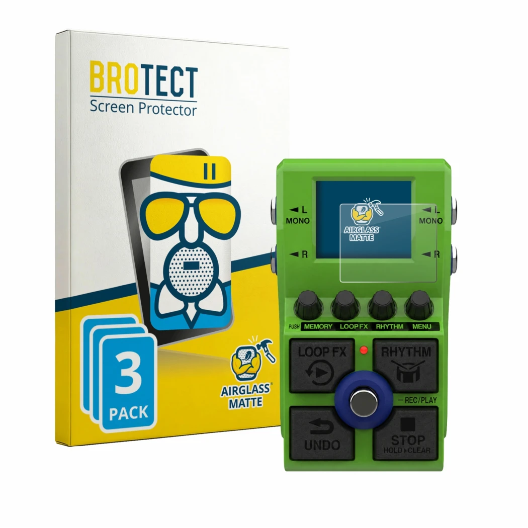 Front side of a product packaging with the brand logo BROTECT. Next to it is the device Zoom MS-90LP Plus shown with the corre