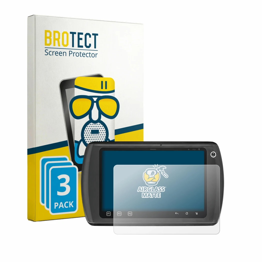 Front side of a product packaging with the brand logo BROTECT. Next to it is the device Zebra ET1 shown with the corresponding