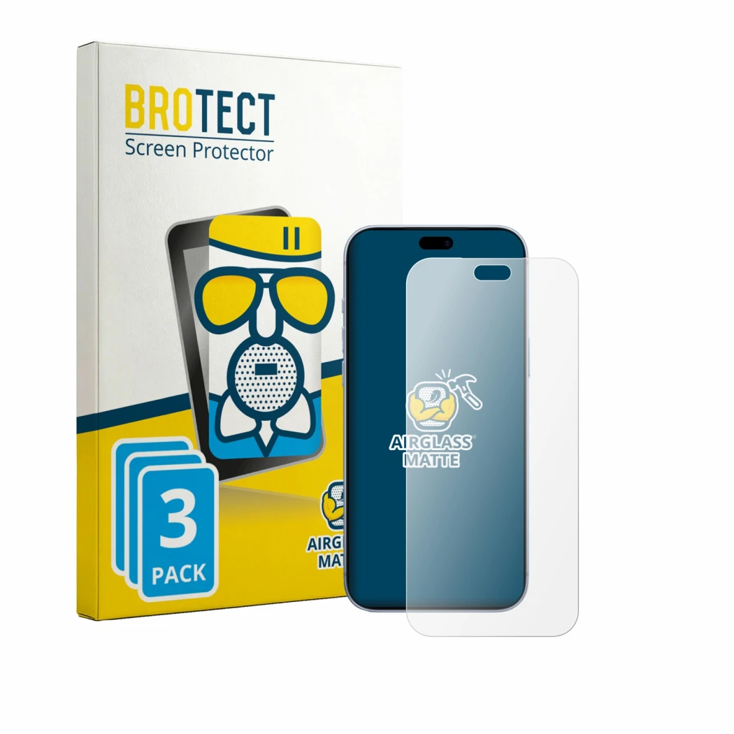 Front side of a product packaging with the brand logo BROTECT. Next to it is the device Apple iPhone 18 Pro Max shown with the