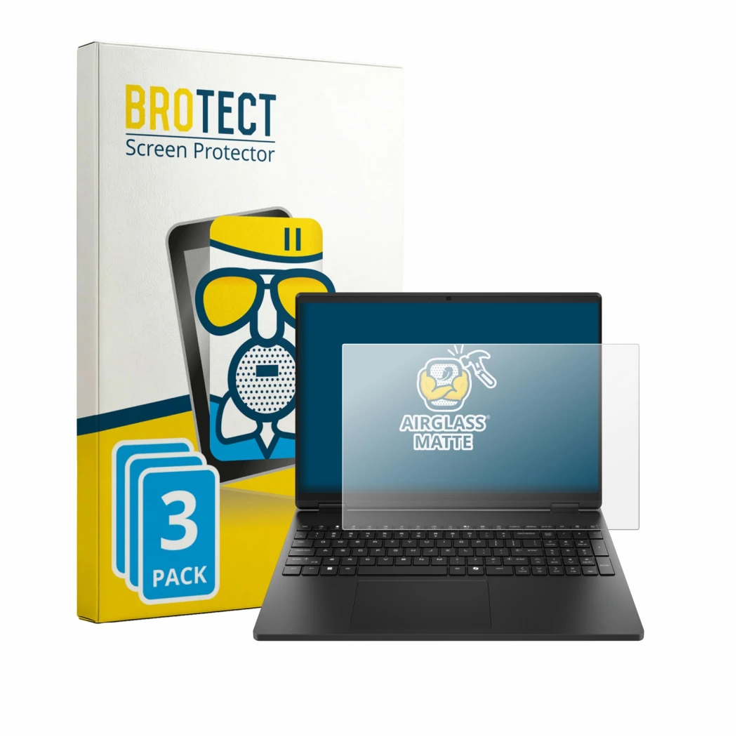 Front side of a product packaging with the brand logo BROTECT. Next to it is the device HP HyperX OMEN 15 shown with the corre