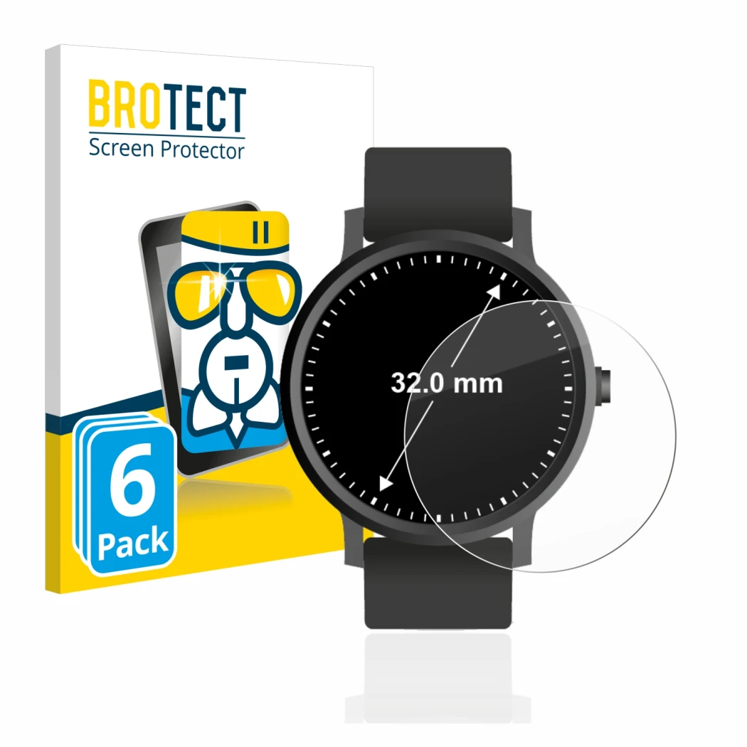 Front side of a product packaging with the brand logo BROTECT. Next to it is the device Watches (Circular, ø: 32 mm) shown wit