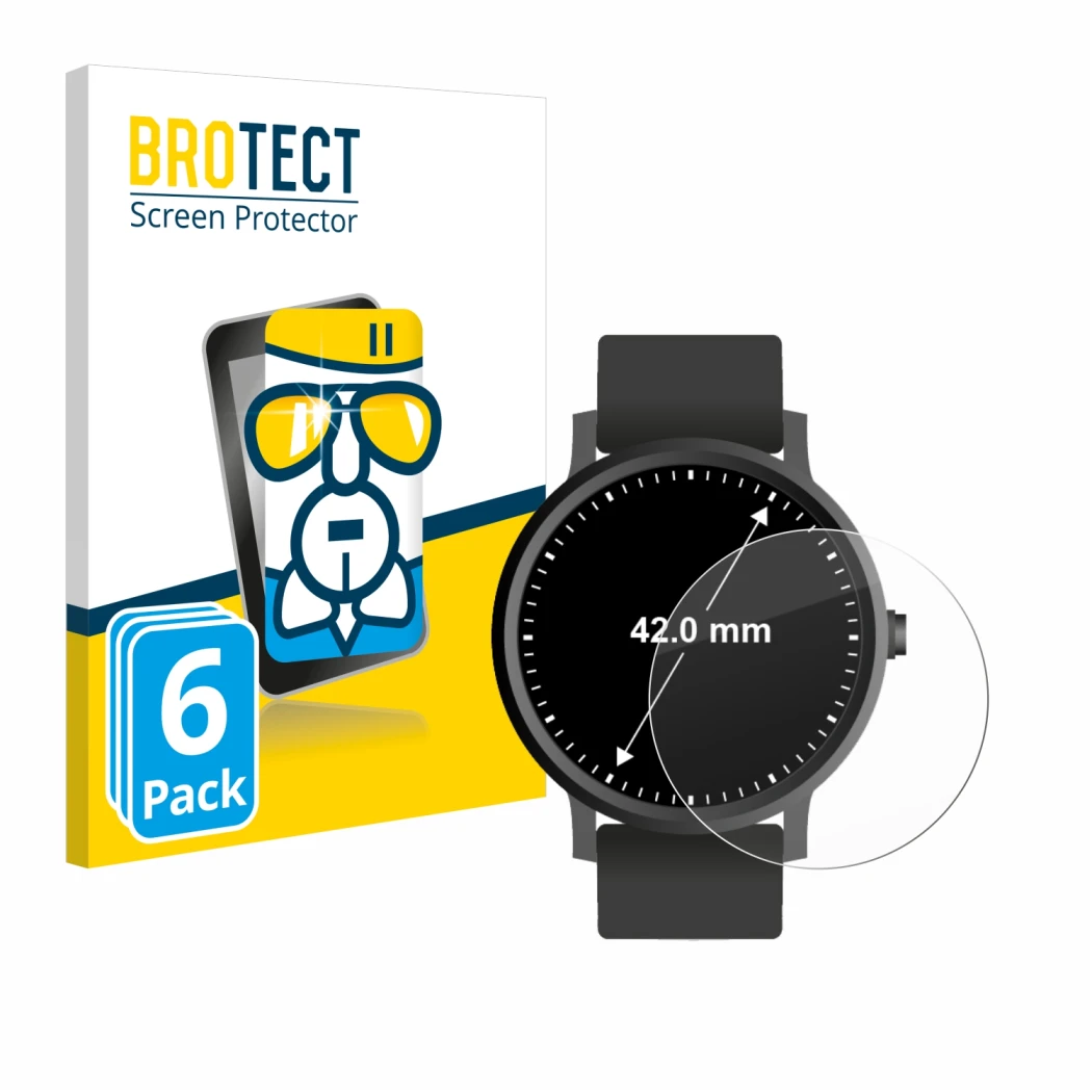 Front side of a product packaging with the brand logo BROTECT. Next to it is the device Watches (Circular, ø: 42 mm) shown wit