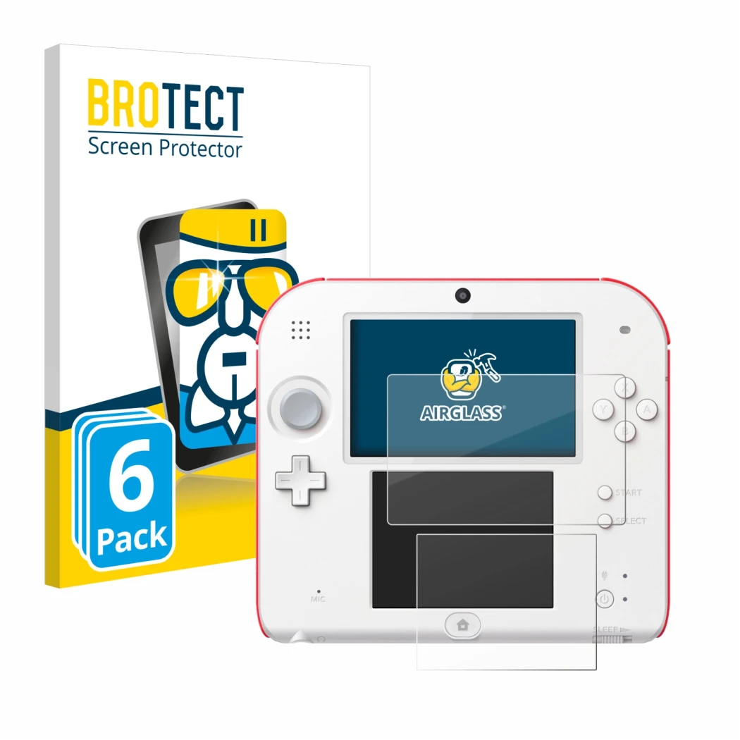 Front side of a product packaging with the brand logo BROTECT. Next to it is the device Nintendo 2DS shown with the correspond