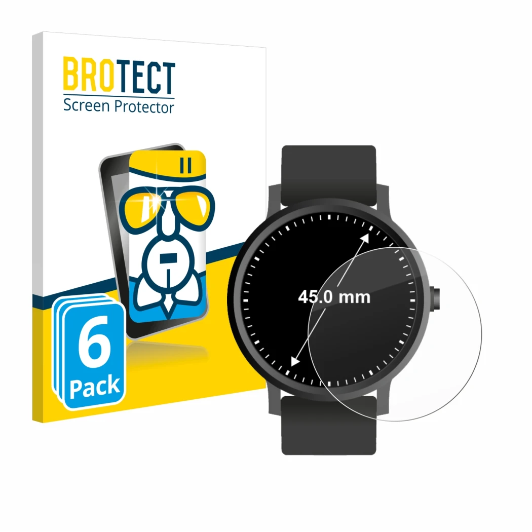 Front side of a product packaging with the brand logo BROTECT. Next to it is the device Watches (Circular, ø: 45 mm) shown wit