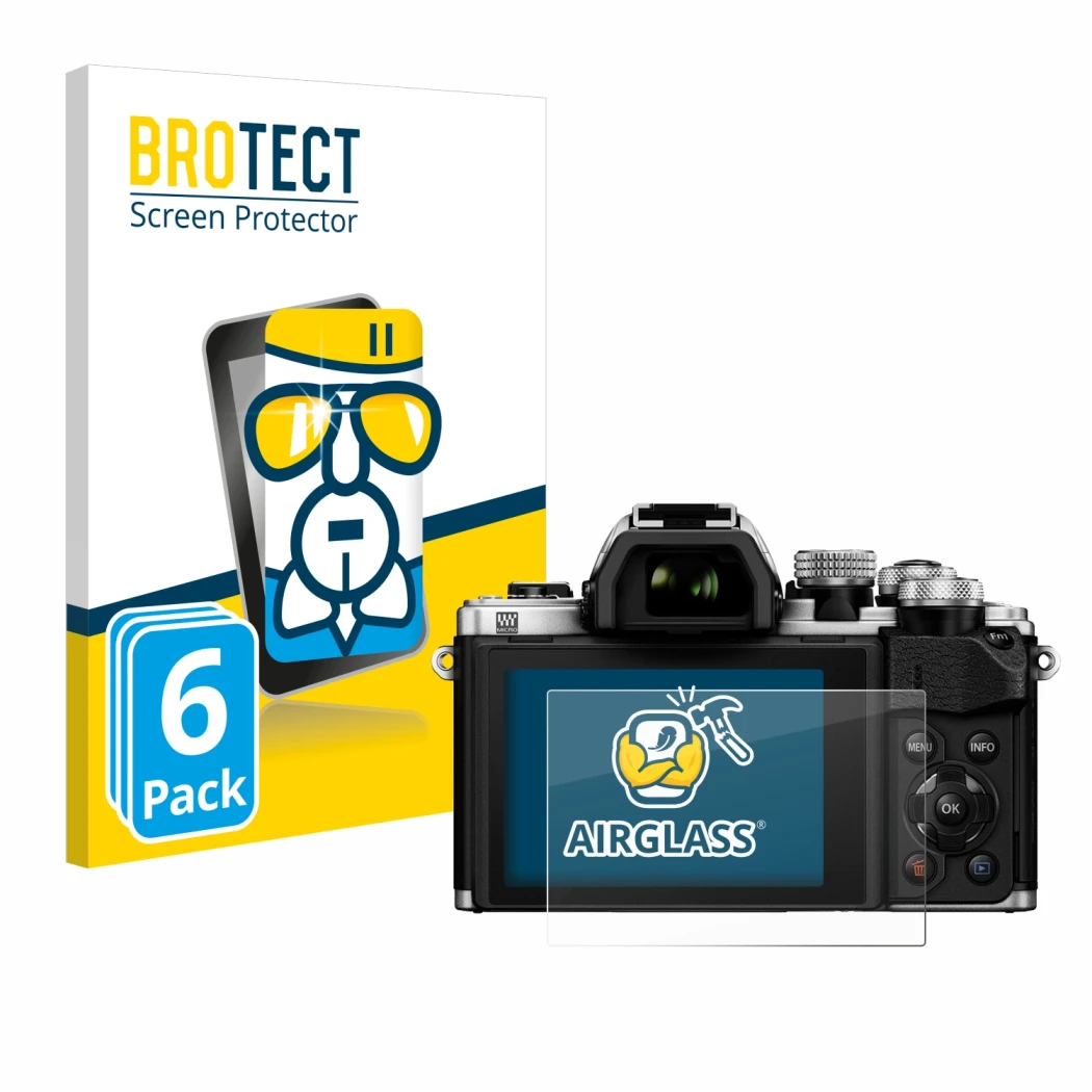 Front side of a product packaging with the brand logo BROTECT. Next to it is the device Olympus OM-D E-M10 Mark II shown with 