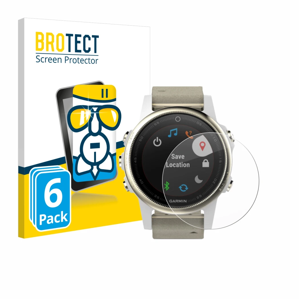 Front side of a product packaging with the brand logo BROTECT. Next to it is the device Garmin Fenix 5S (42 mm) shown with the