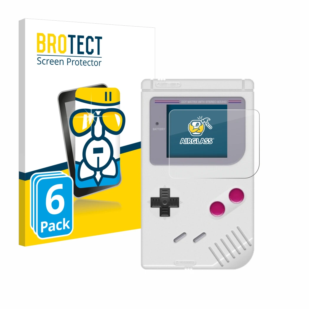 Front side of a product packaging with the brand logo BROTECT. Next to it is the device Nintendo Gameboy (1989) shown with the