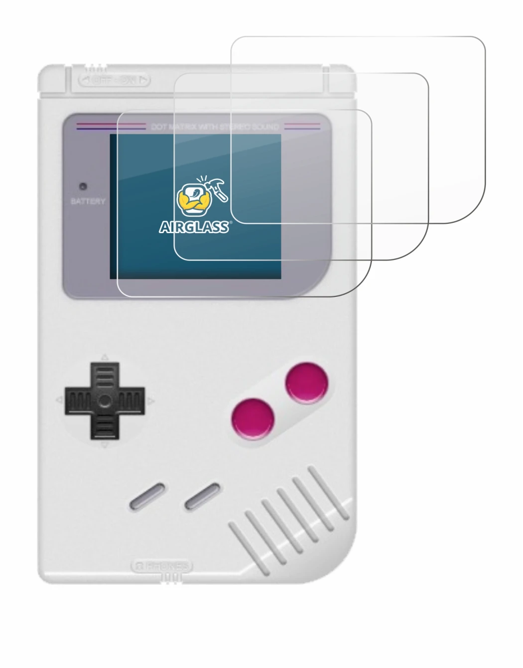 Image of the device Nintendo Gameboy (1989) with a wide variety of screen protectors.