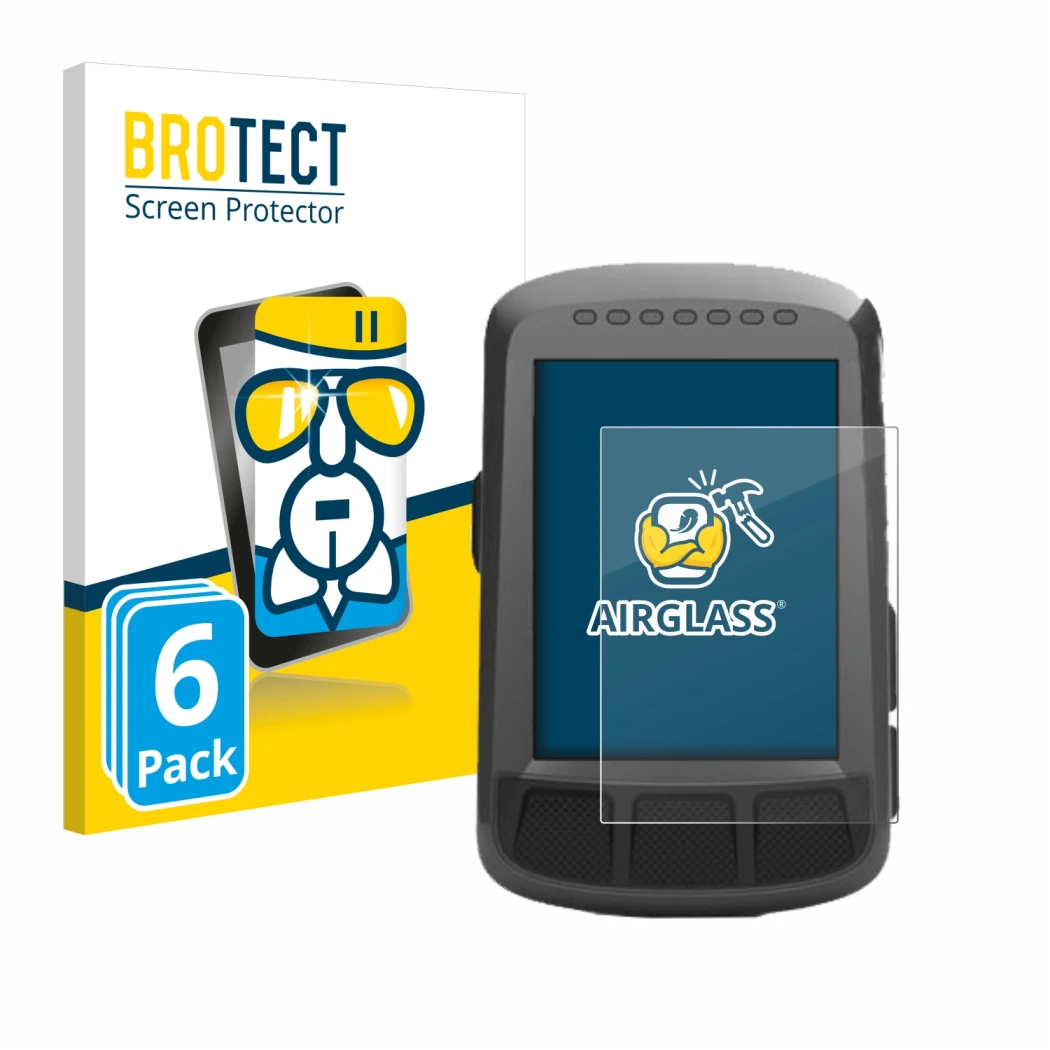 Front side of a product packaging with the brand logo BROTECT. Next to it is the device Wahoo Elemnt Bolt GPS shown with the c