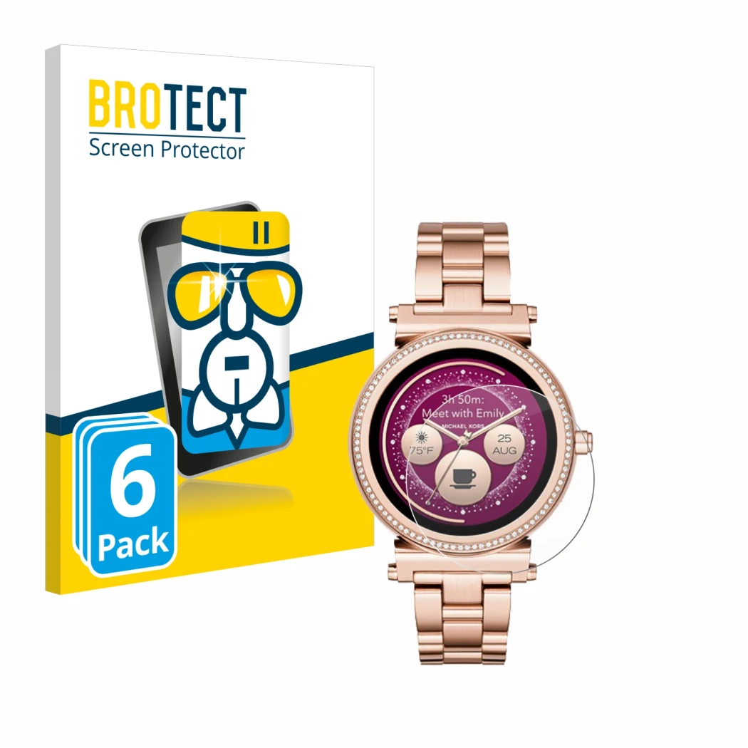 Front side of a product packaging with the brand logo BROTECT. Next to it is the device Michael Kors Access Sofie shown with t