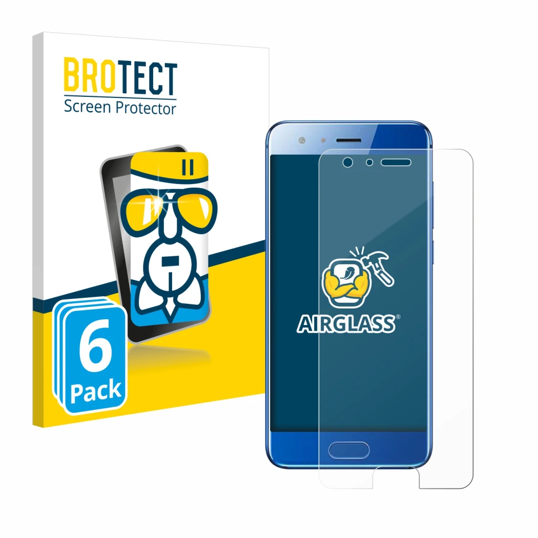 Front side of a product packaging with the brand logo BROTECT. Next to it is the device Honor 9 shown with the corresponding s