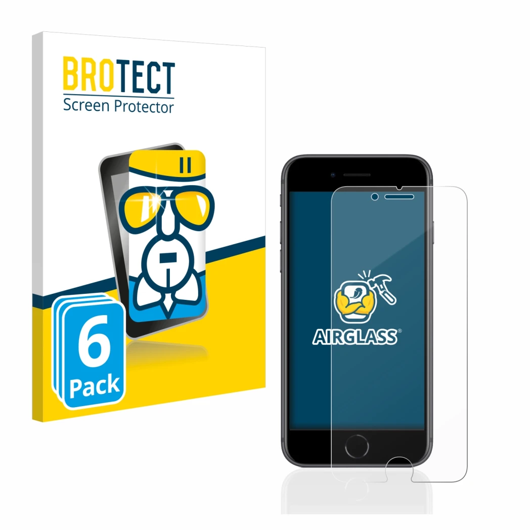 Front side of a product packaging with the brand logo BROTECT. Next to it is the device Apple iPhone 8 shown with the correspo