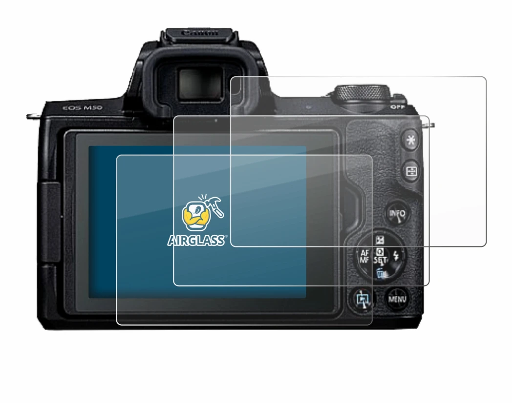 Image of the device Canon EOS M50 with a wide variety of screen protectors.