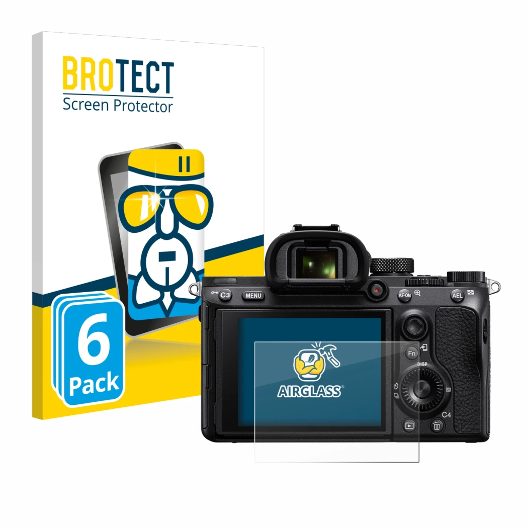 Front side of a product packaging with the brand logo BROTECT. Next to it is the device Sony Alpha 7 III (ILCE-7M3) shown with