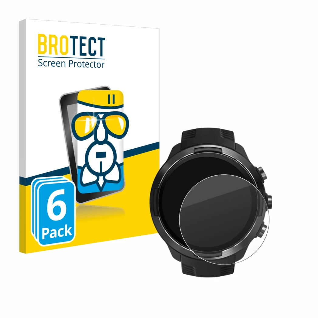 Front side of a product packaging with the brand logo BROTECT. Next to it is the device Suunto 9 shown with the corresponding