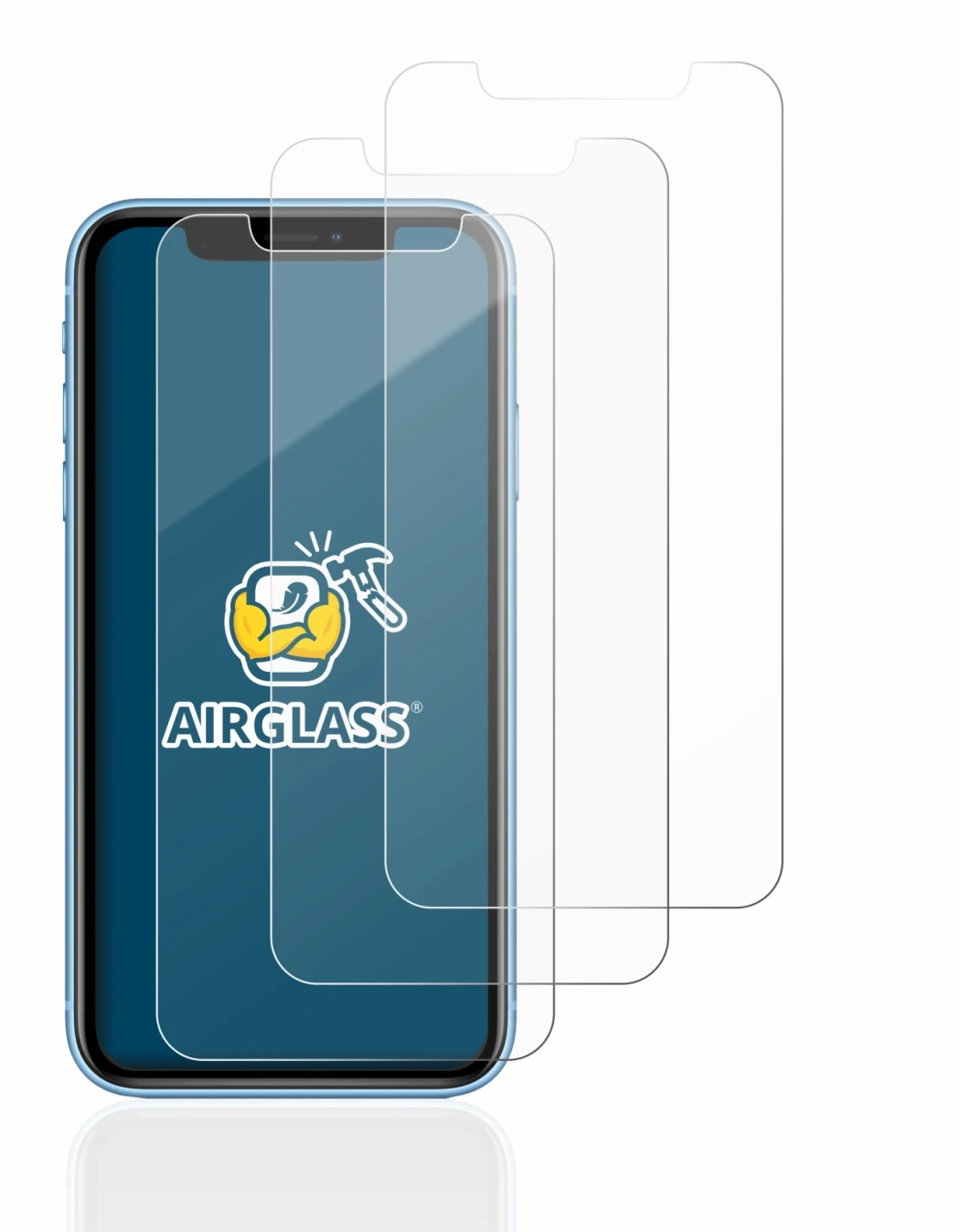 Image of the device Apple iPhone XR with a wide variety of screen protectors.