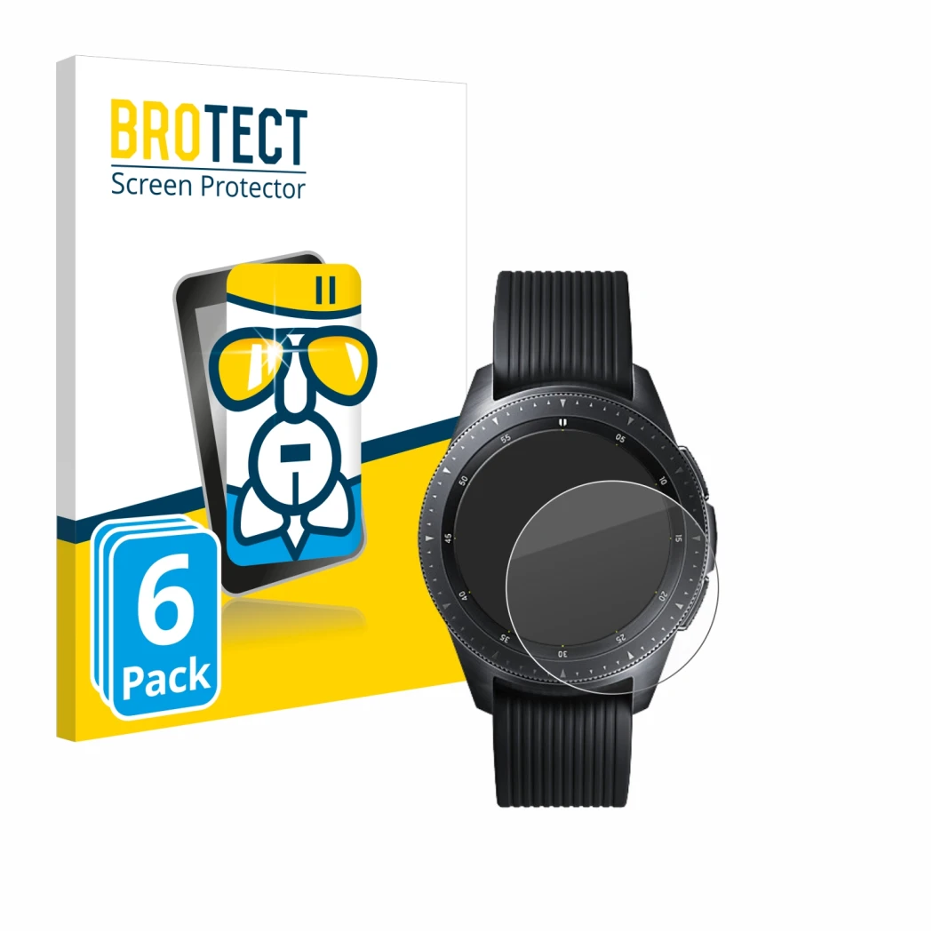 Front side of a product packaging with the brand logo BROTECT. Next to it is the device Samsung Galaxy Watch (42 mm) shown wit