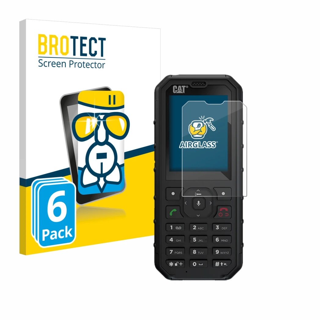 Front side of a product packaging with the brand logo BROTECT. Next to it is the device Caterpillar Cat B35 shown with the cor