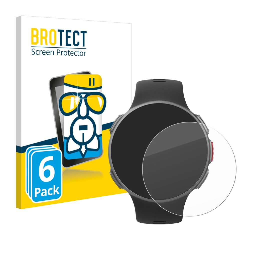 Front side of a product packaging with the brand logo BROTECT. Next to it is the device Polar Vantage V shown with the corresp