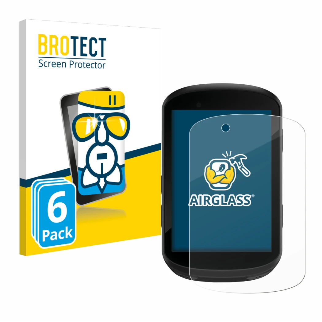 Front side of a product packaging with the brand logo BROTECT. Next to it is the device Garmin Edge 830 shown with the corresp