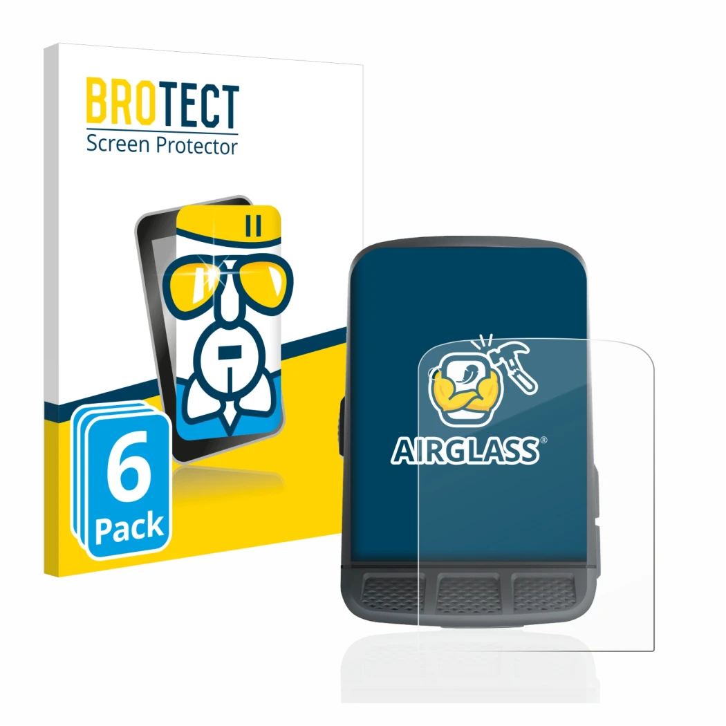 Front side of a product packaging with the brand logo BROTECT. Next to it is the device Wahoo Elemnt Roam shown with the corre