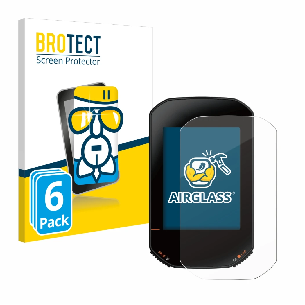 Front side of a product packaging with the brand logo BROTECT. Next to it is the device Bryton Rider 420 shown with the corres