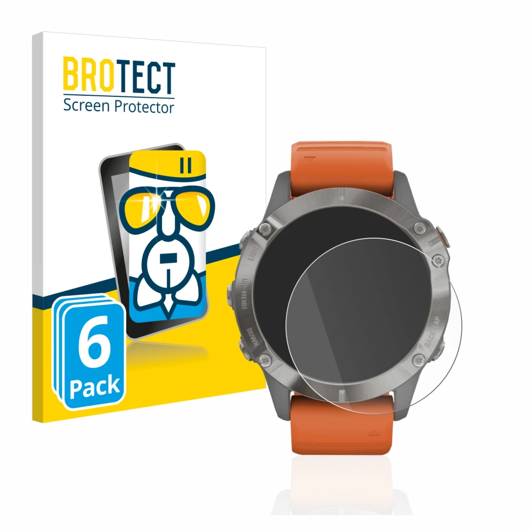 Front side of a product packaging with the brand logo BROTECT. Next to it is the device Garmin Fenix 6 Pro shown with the corr
