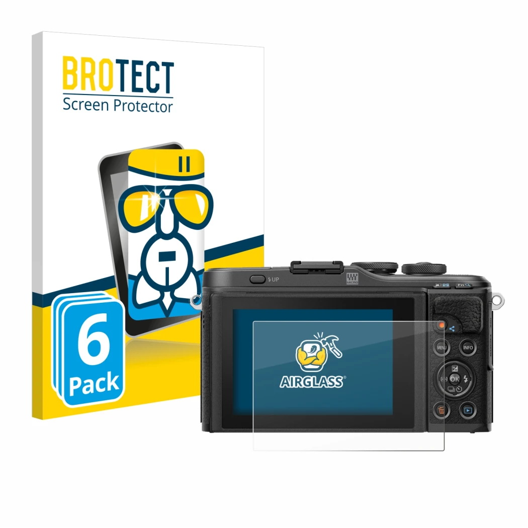 Front side of a product packaging with the brand logo BROTECT. Next to it is the device Olympus PEN E-PL10 shown with the corr