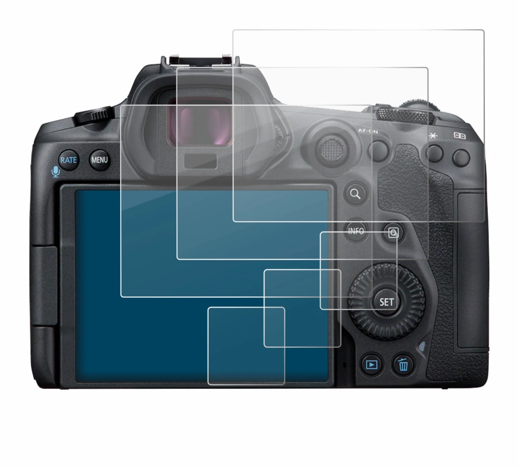 Image of the device Canon EOS R5 with a wide variety of screen protectors.