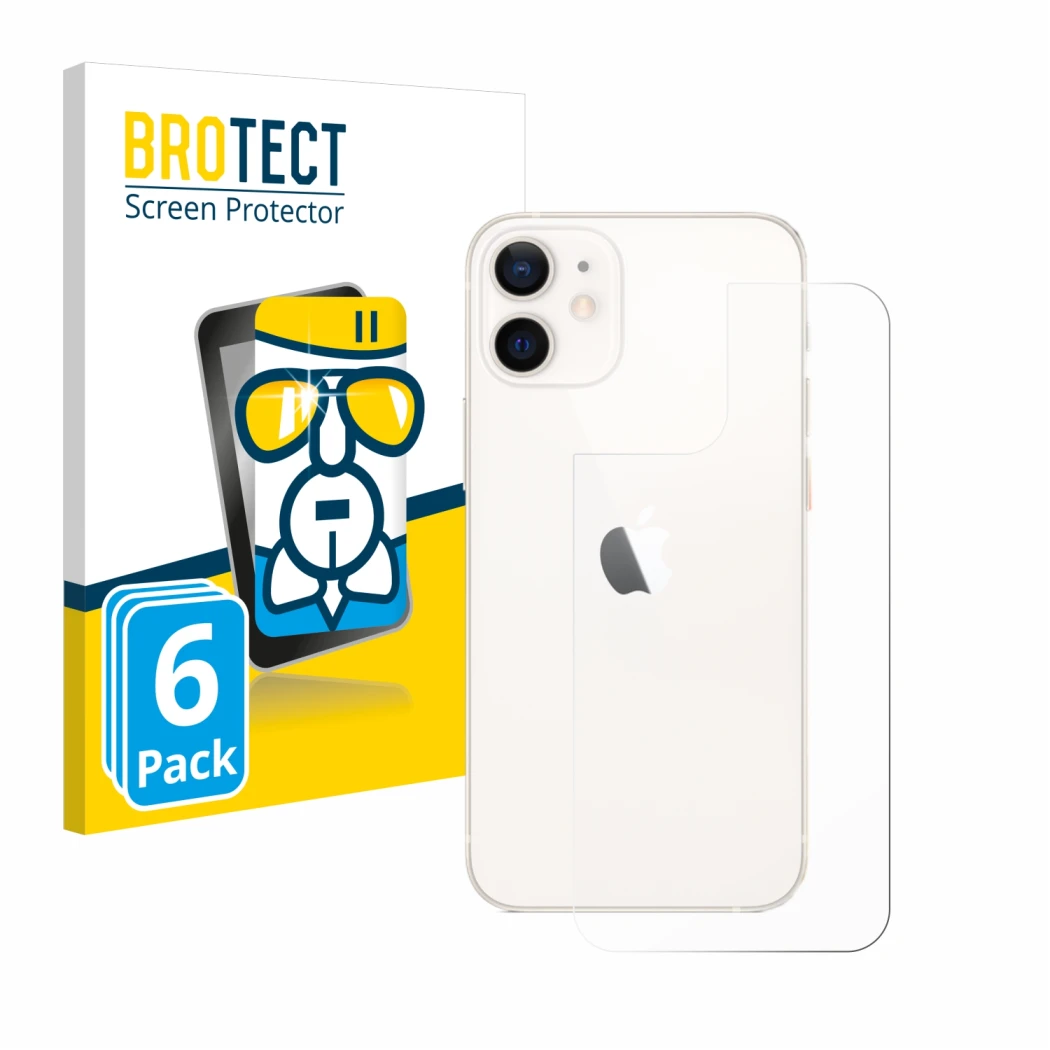 Front side of a product packaging with the brand logo BROTECT. Next to it is the device Apple iPhone 12 mini (Back) shown with