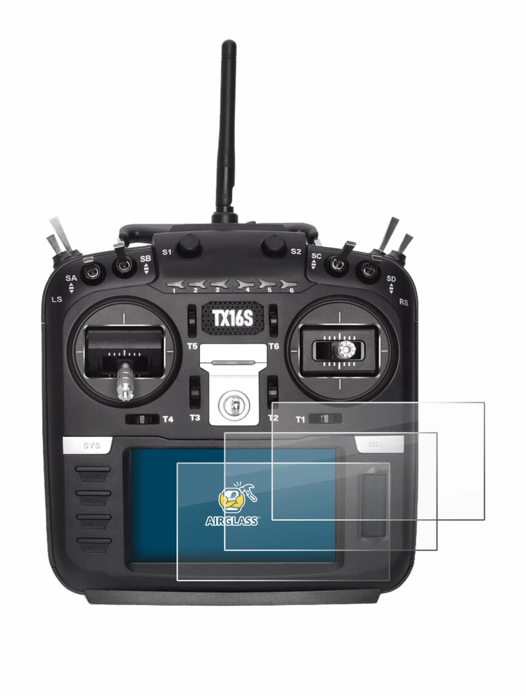 Image of the device Radiomaster TX16S with a wide variety of screen protectors.
