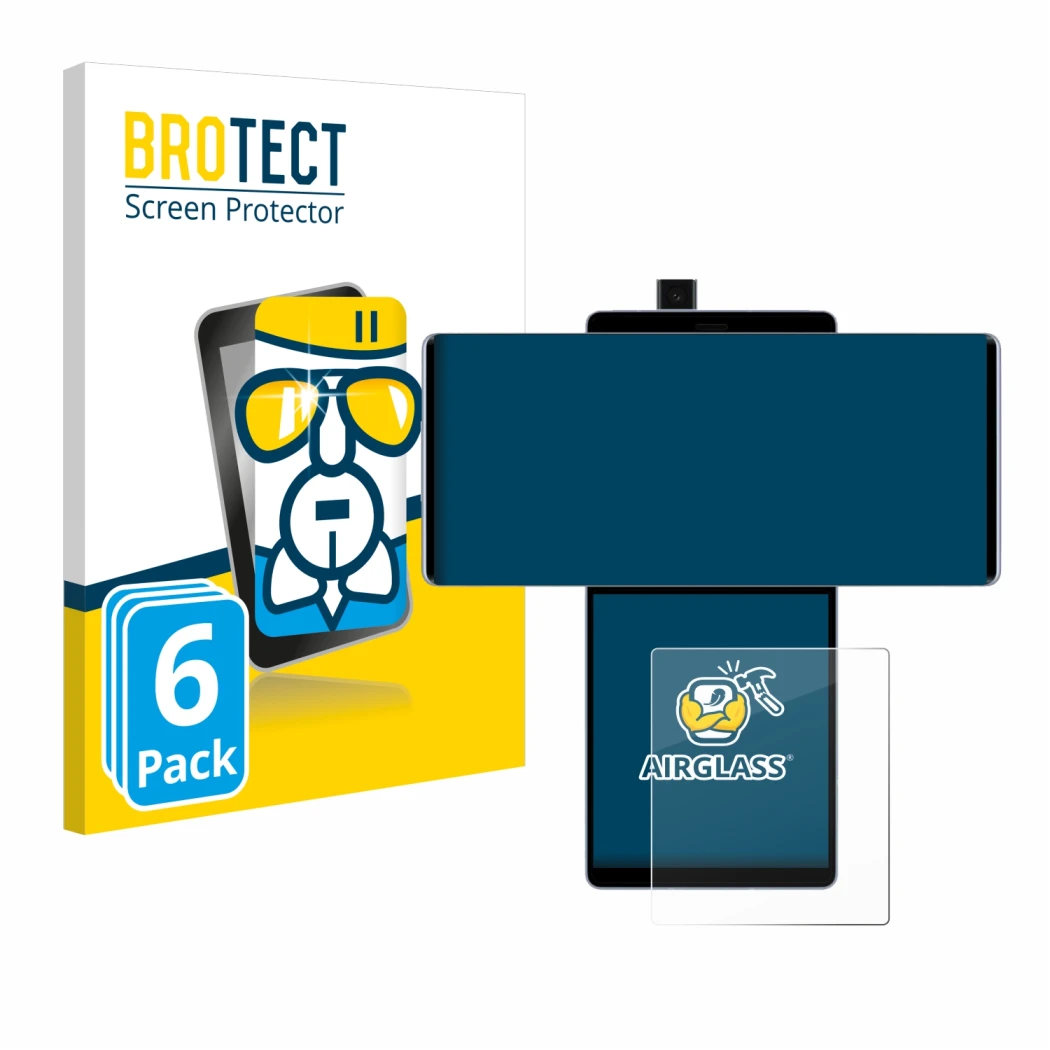 Front side of a product packaging with the brand logo BROTECT. Next to it is the device LG Wing (Back display) shown with the