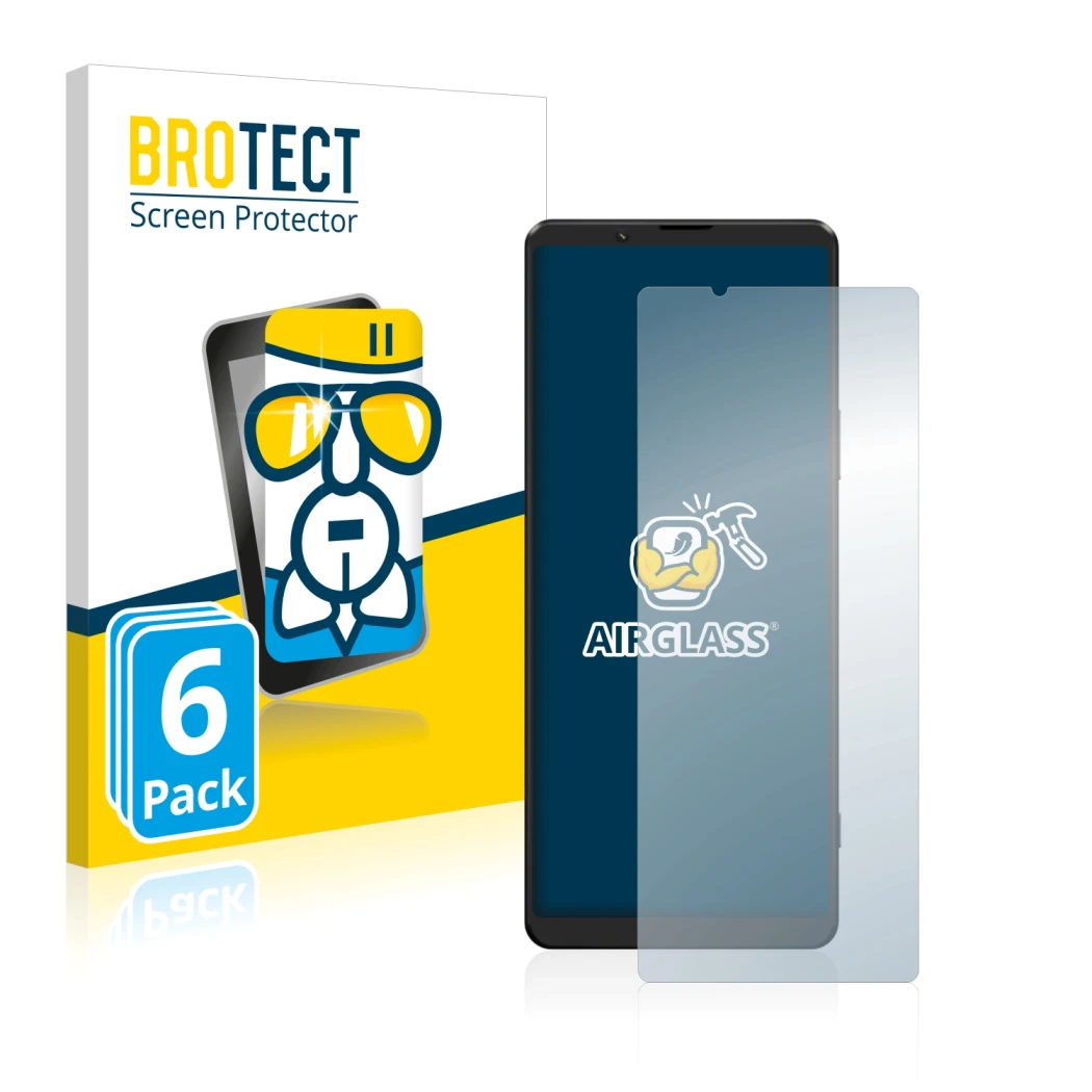 Front side of a product packaging with the brand logo BROTECT. Next to it is the device Sony Xperia 1 III shown with the corre