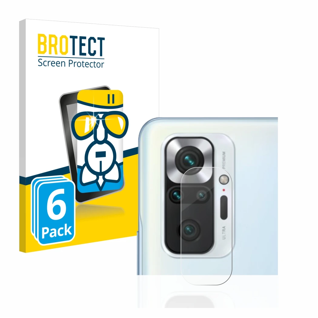 Front side of a product packaging with the brand logo BROTECT. Next to it is the device Xiaomi Redmi Note 10 Pro (ONLY Camera 