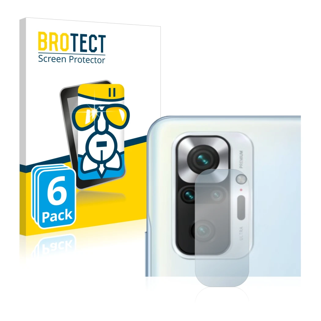 Front side of a product packaging with the brand logo BROTECT. Next to it is the device Xiaomi Redmi Note 10S (ONLY Camera Len