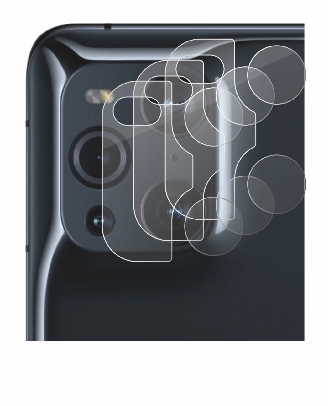Image of the device Oppo Find X3 Pro (ONLY Camera Lens) with a wide variety of screen protectors.
