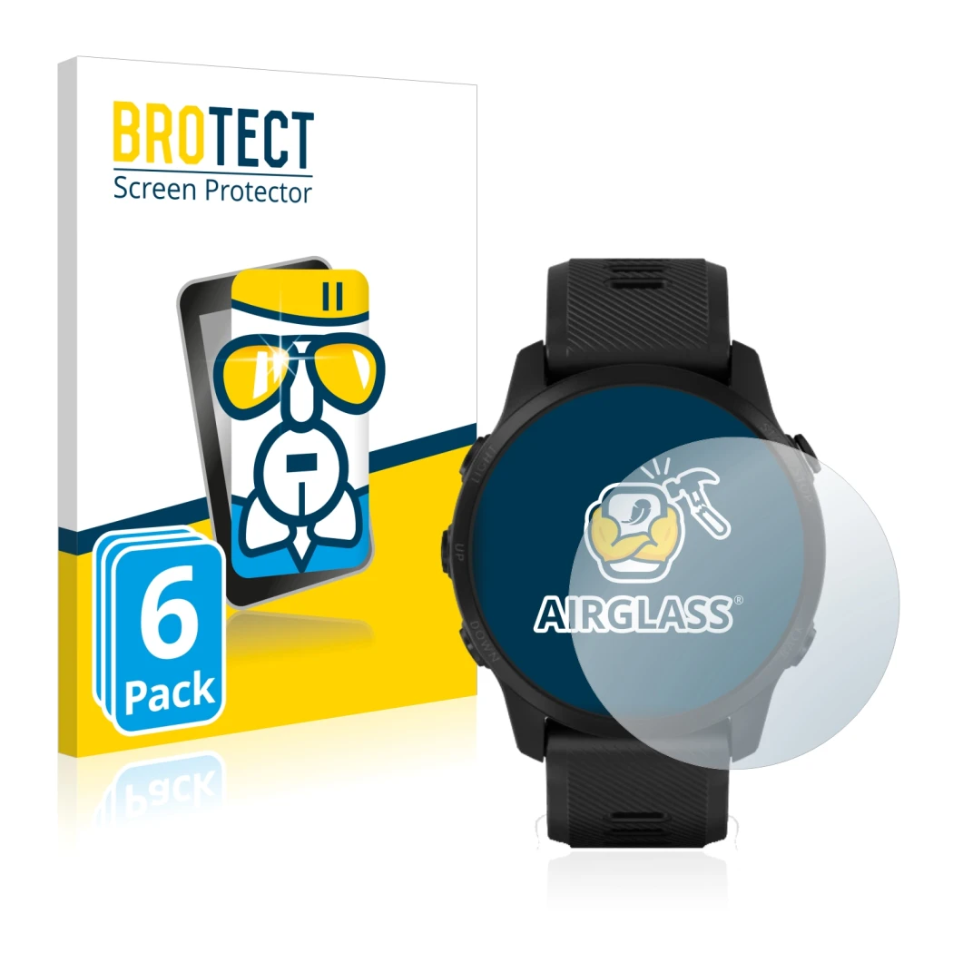 Front side of a product packaging with the brand logo BROTECT. Next to it is the device Garmin Forerunner 945 LTE shown with t