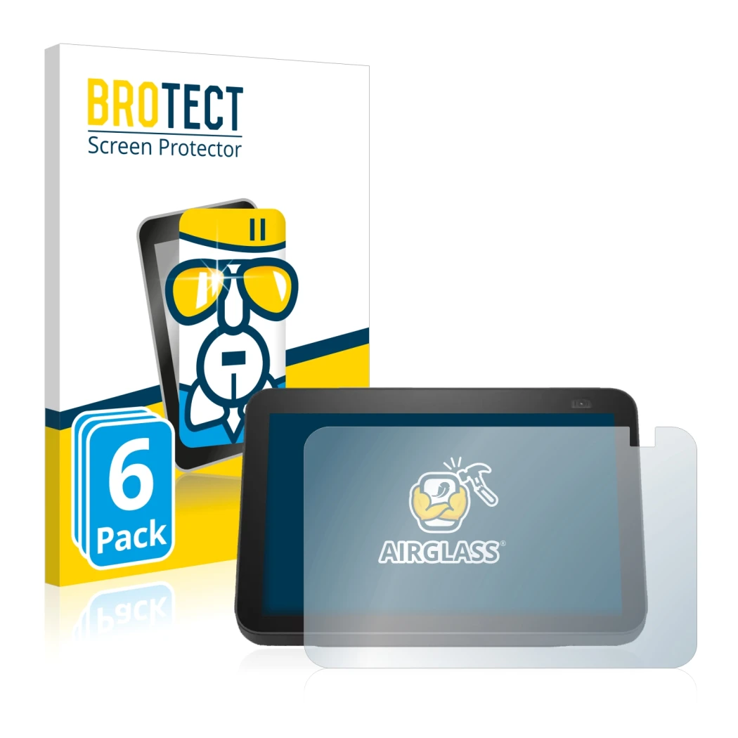 Front side of a product packaging with the brand logo BROTECT. Next to it is the device Amazon Echo Show 8 2021 (2nd Gen.) sho