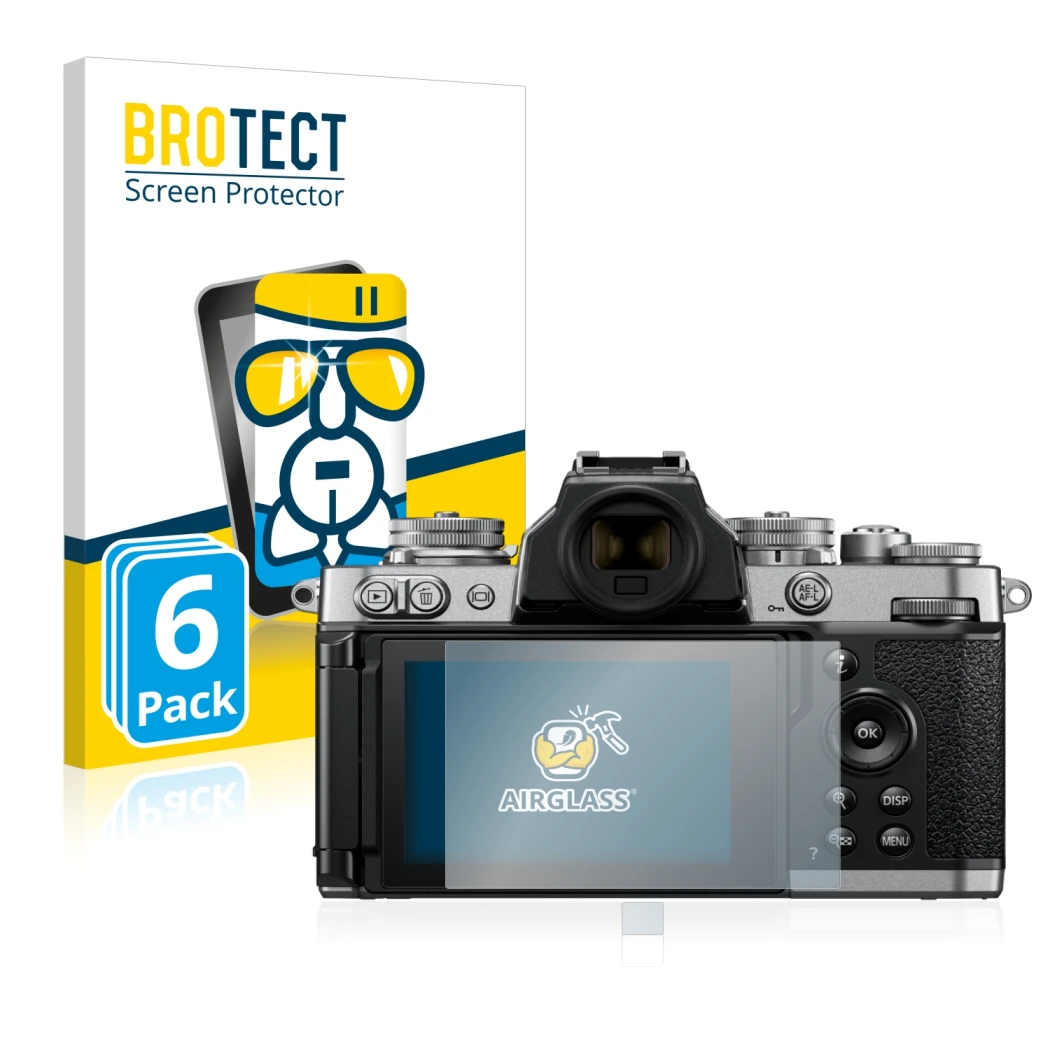 Front side of a product packaging with the brand logo BROTECT. Next to it is the device Nikon Z fc shown with the correspondin