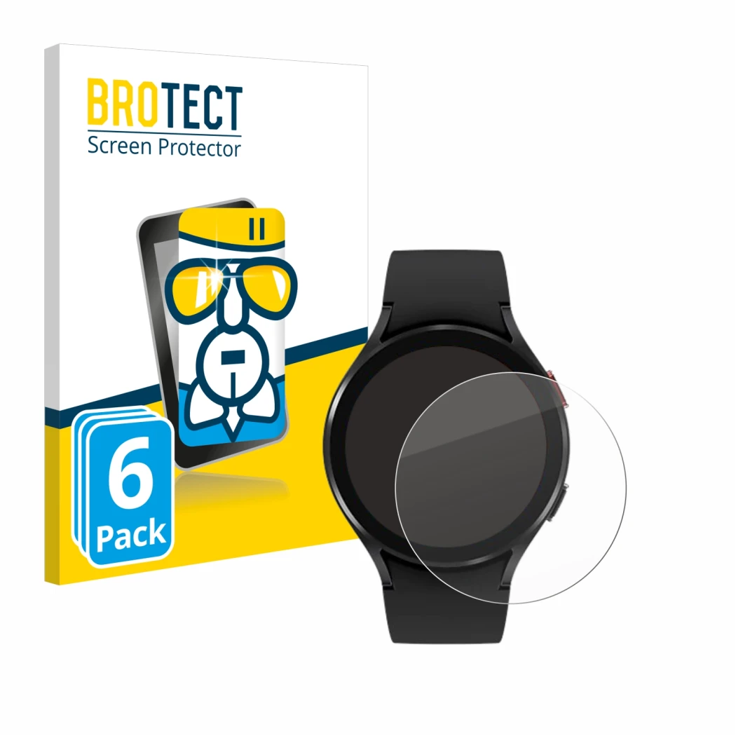 Front side of a product packaging with the brand logo BROTECT. Next to it is the device Samsung Galaxy Watch 4 (44mm) shown wi