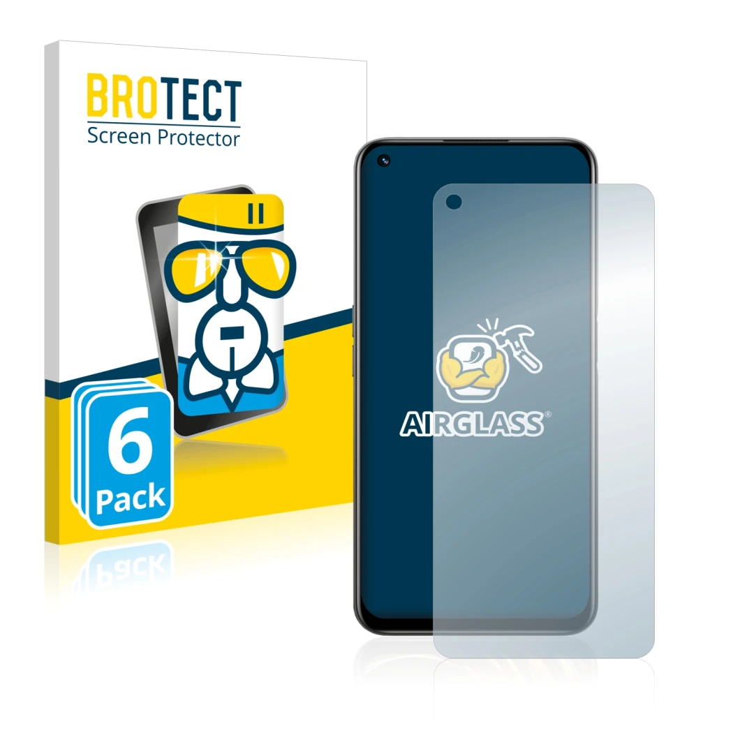 Front side of a product packaging with the brand logo BROTECT. Next to it is the device realme 8i shown with the corresponding